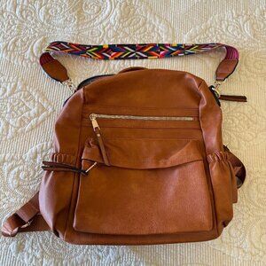 Cute faux leather brown crossbody satchel backpack with rainbow strap